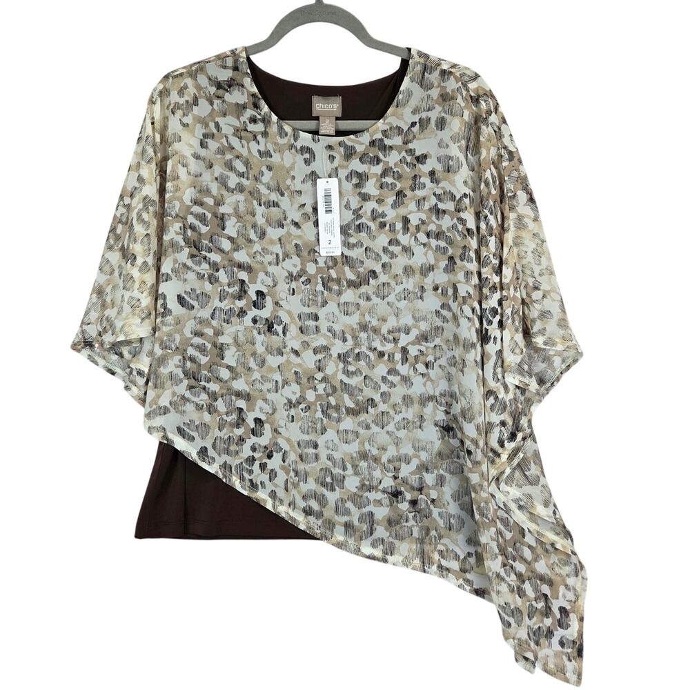 Chicos Asymmetrical Jayma Animal Print Blouse L Desert Beige Sheer Layer Top NWT